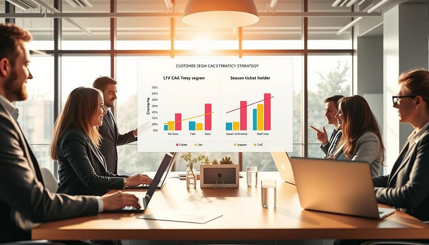A visually striking illustration of a business meeting focused on customer segment CAC strategy. In the foreground, a diverse group of professionals dressed in smart business attire is engaged in a discussion around a table with laptops and charts depicting various customer metrics. The middle layer showcases an interactive digital display showing a graph comparing LTV and CAC targets by segment, with colorful visuals representing fan and season ticket holder data points. In the background, a modern office setting with large windows letting in bright, natural light enhances the atmosphere of productivity and collaboration. Soft, warm lighting creates an inviting mood, while a wide-angle lens captures the depth of the room, emphasizing teamwork and strategy formulation. A visually striking illustration of a business meeting focused on customer segment CAC strategy. In the foreground, a diverse group of professionals dressed in smart business attire is engaged in a discussion around a table with laptops and charts depicting various customer metrics. The middle layer showcases an interactive digital display showing a graph comparing LTV and CAC targets by segment, with colorful visuals representing fan and season ticket holder data points. In the background, a modern office setting with large windows letting in bright, natural light enhances the atmosphere of productivity and collaboration. Soft, warm lighting creates an inviting mood, while a wide-angle lens captures the depth of the room, emphasizing teamwork and strategy formulation.